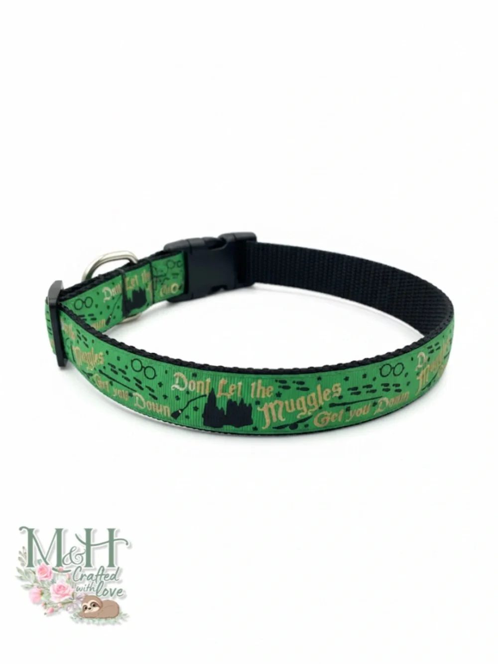 Green 'Don't Let the Muggles' Nylon Dog Collar - M&H Crafted